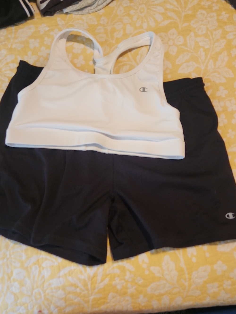 Champion Black Athletic Shorts with White Sports Bra Set
